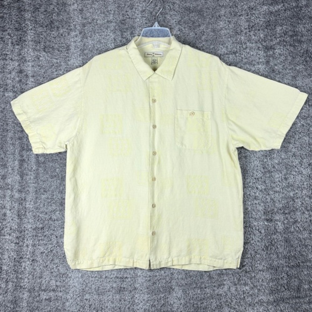 Tommy‎ Bahama Men's L Yellow Silk Linen Blend Embroidered Palm Tree Camp Shirt